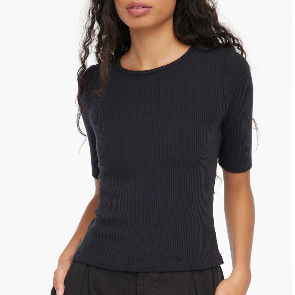 LACAUSA Black Sweater Basic Capsule Casual Rib Tee